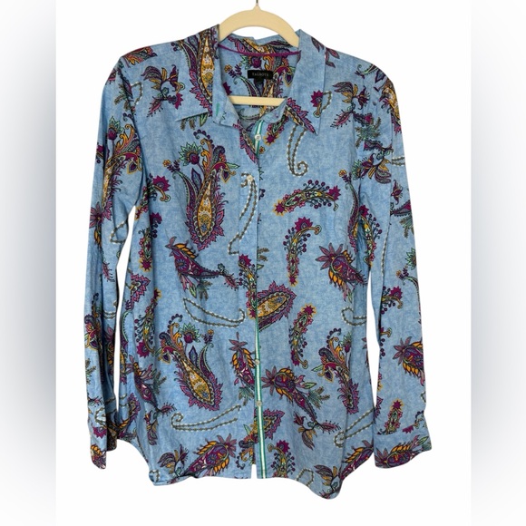 Talbots 100% Cotton Blue Paisley Print Button Front Blouse Size Medium - Picture 3 of 16